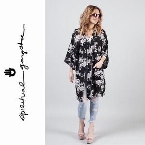 Spiritual Gangster Maya Kimono Robe Black Midi Duster Floral Comfy One Size